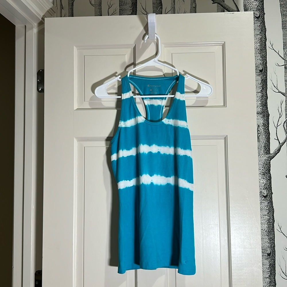 CHAMPION DOUBLE DRY TURQUOISE AND WHITE TIE DYE RACERBACK TANK-SIZE MEDIUM